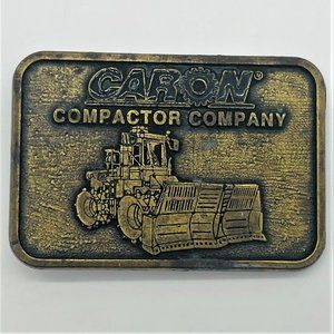 Vintage 1970's Caron Compactor Company 3.5" Brass Belt Buckle w/Tractor Graphic